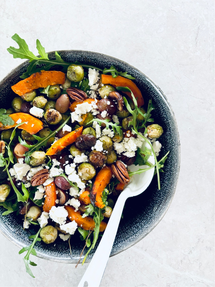 roasted brussel sprouts, pumpkin, chestnut warm salad tahini honey mustard dressing