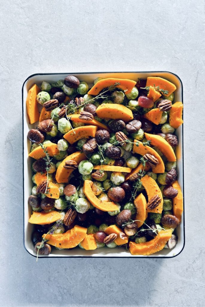 roasted brussel sprouts, pumpkin, chestnut warm salad tahini honey mustard dressing