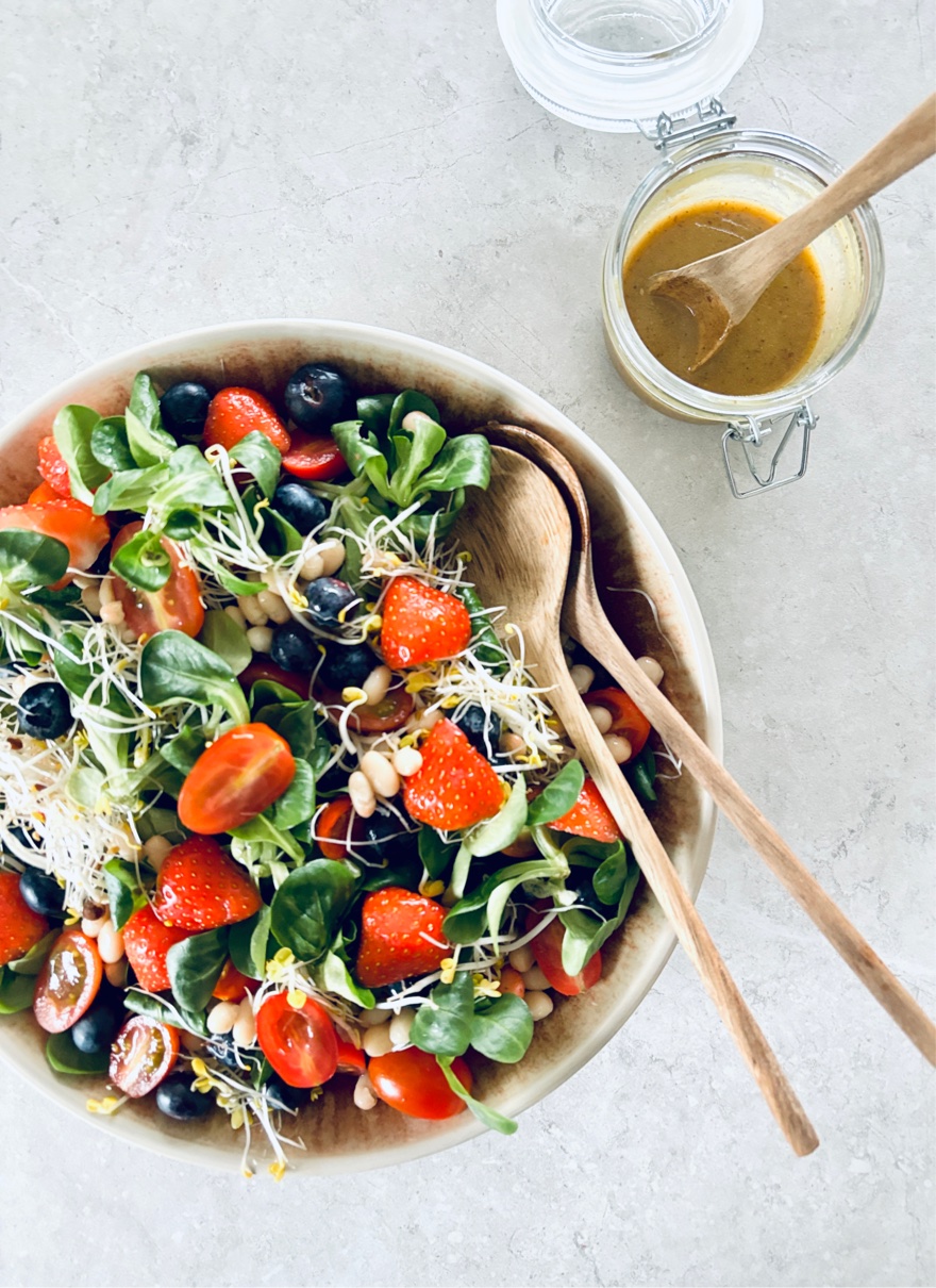 Anti-oxidant berry salad + honey, mustard and tahini dressing