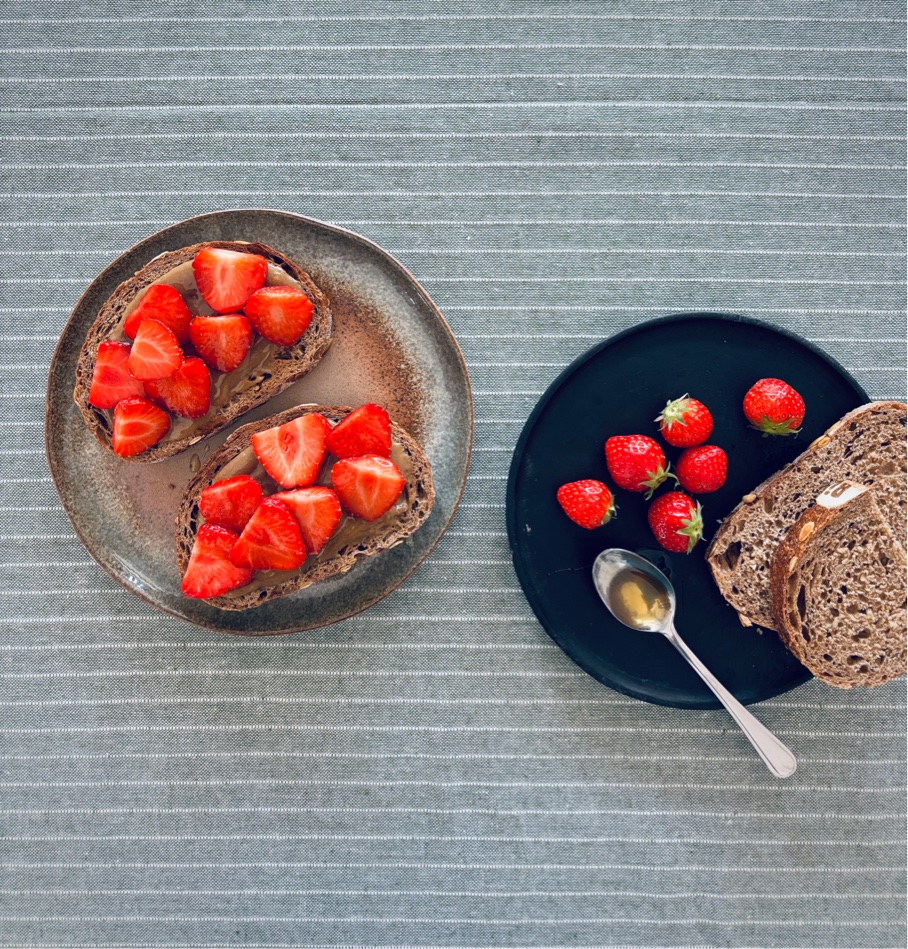 Tahini , honey + strawberries on toast