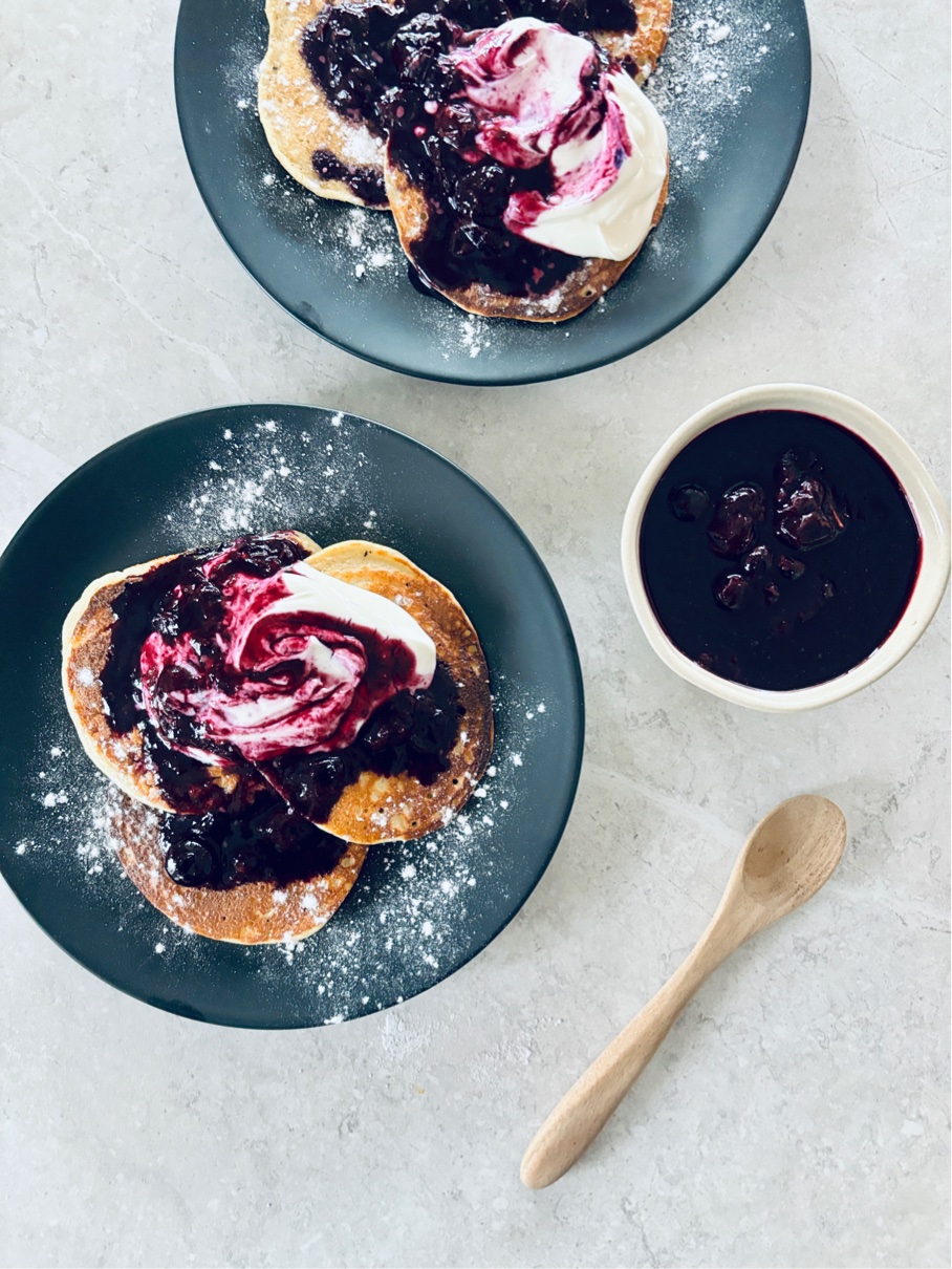 Oat + cottage cheese high protein pancakes with blueberry syrup