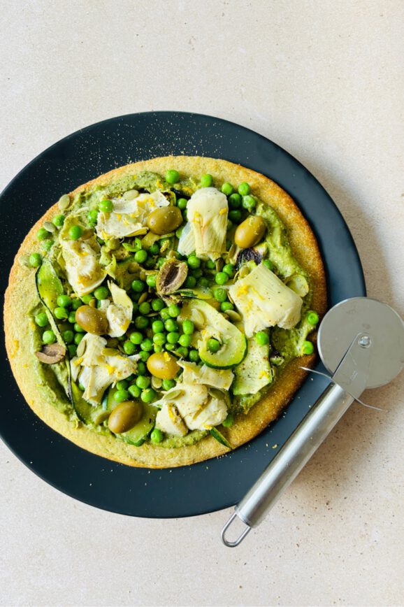 vegan green goddess avocado pesto pizza