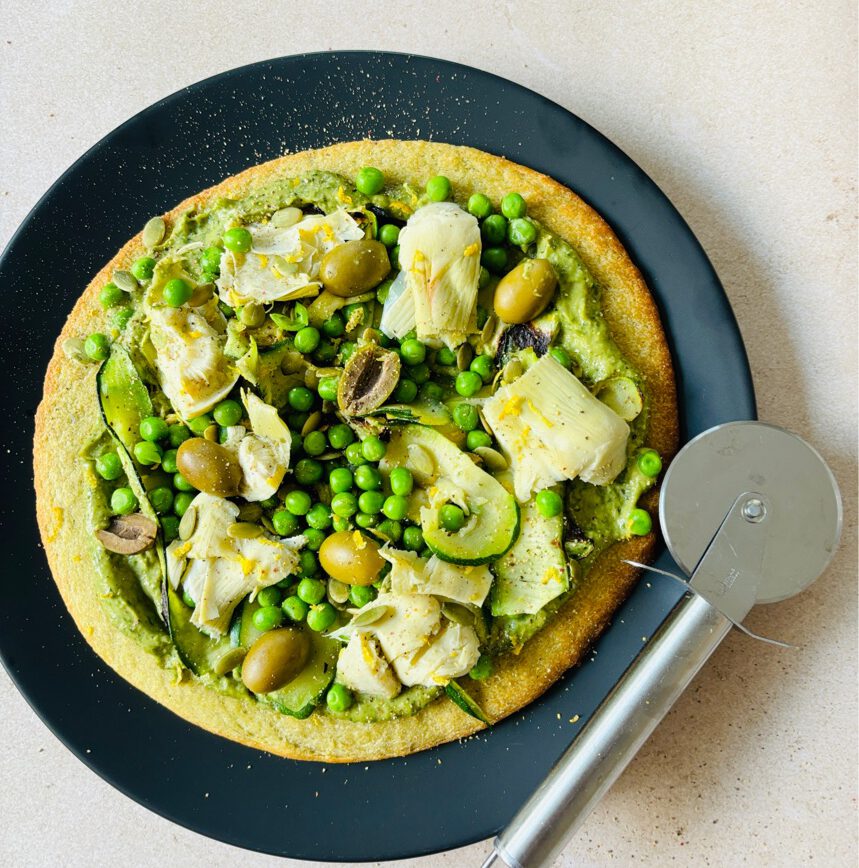 vegan green goddess avocado pesto pizza