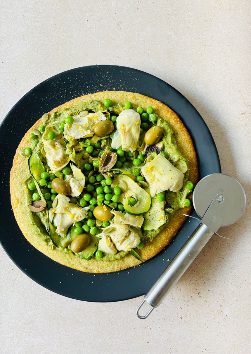 vegan green goddess avocado pesto pizza