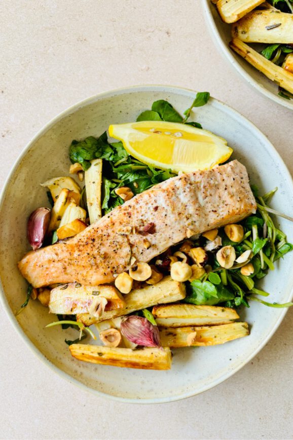 traybake with salmon parsnip and hazelnut