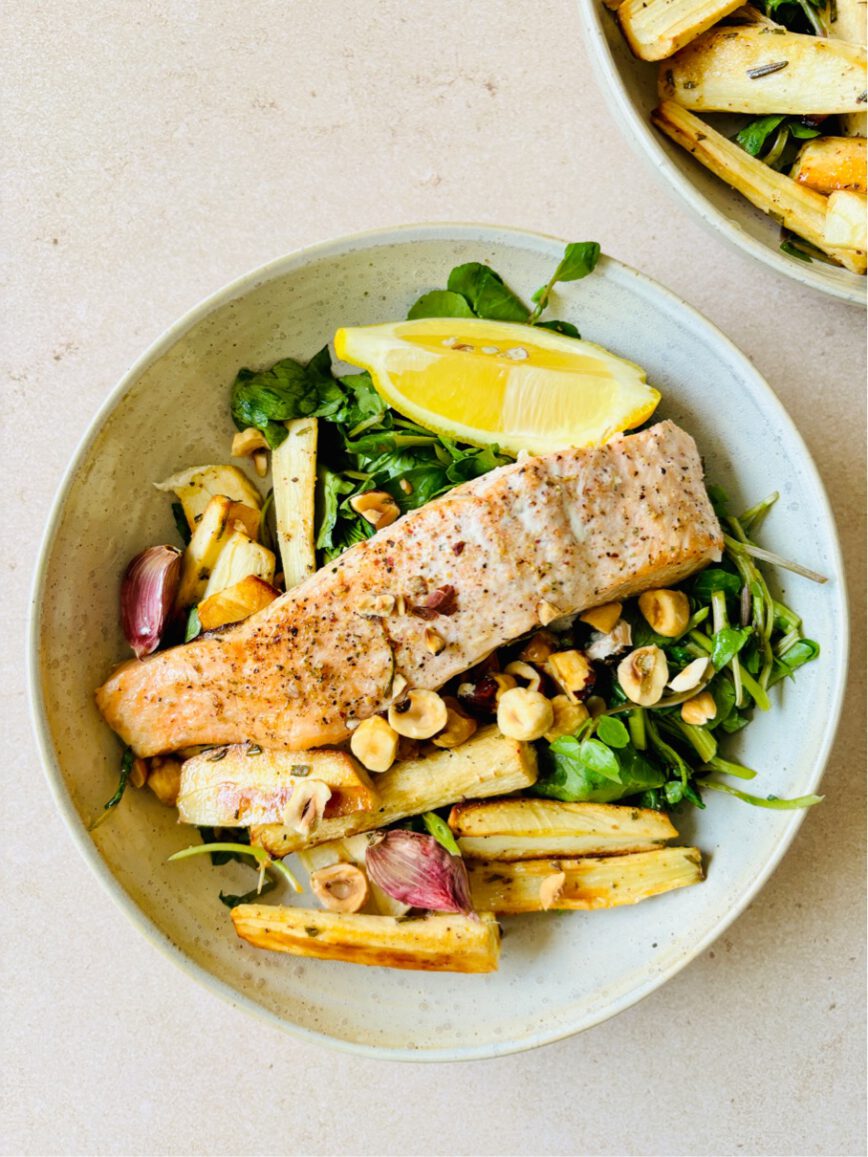 traybake with salmon parsnip and hazelnut