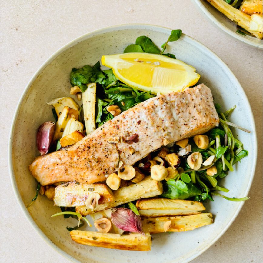 traybake with salmon parsnip and hazelnut