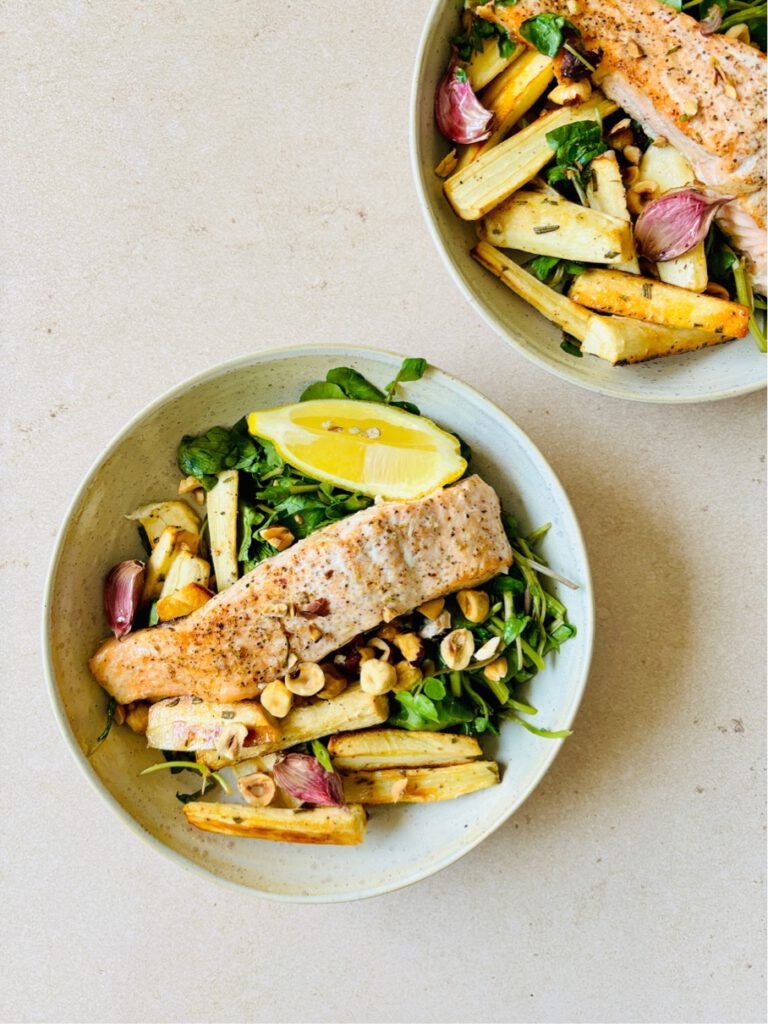 traybake with salmon parsnips and hazelnut