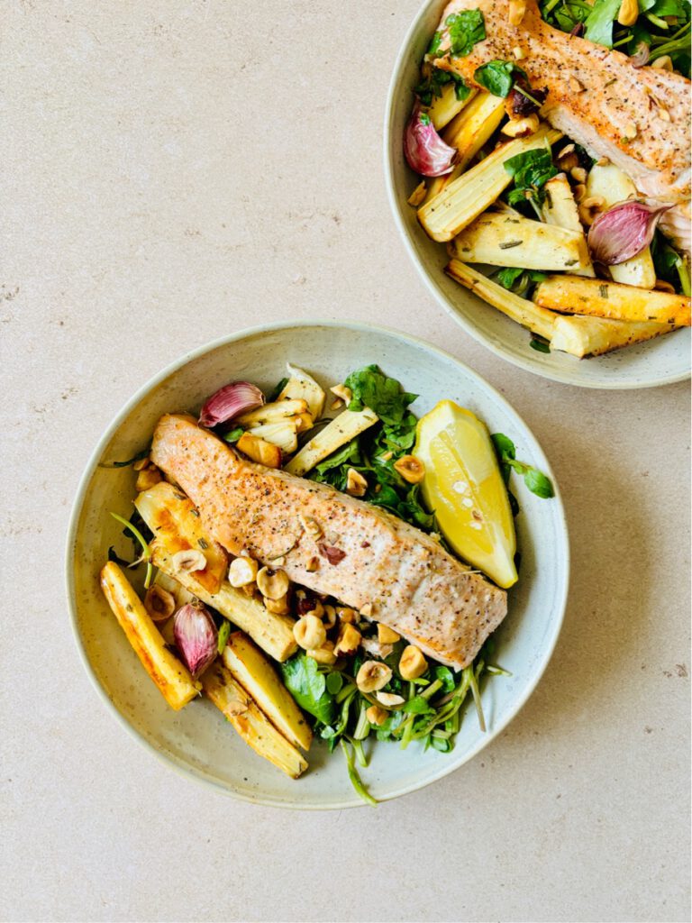 traybake with salmon parsnips and hazelnut